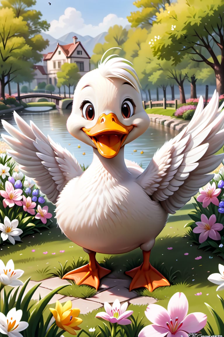 
 smiling duck enjoying springtime flowers, (((masterpiece))),(best quality)