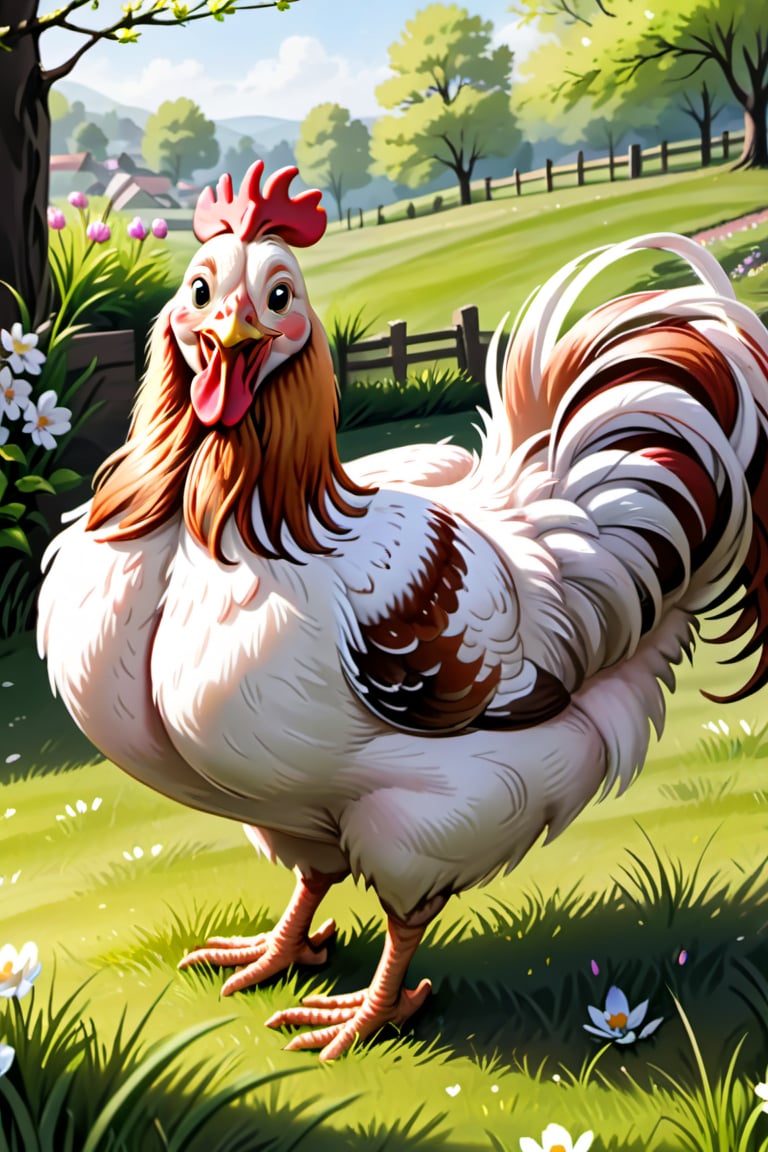 
 happy hen enjoying springtime, (((masterpiece))),(best quality)