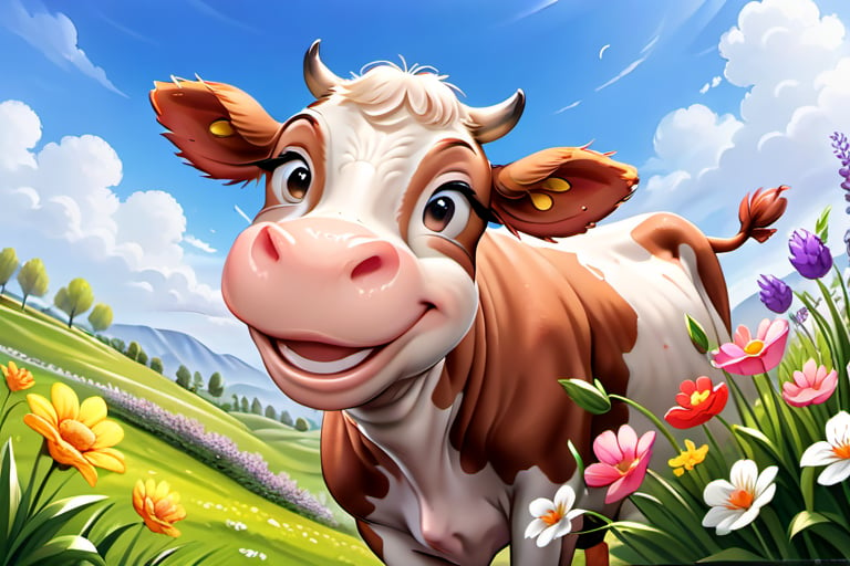 
 smiling cow enjoying springtime flowers, (((masterpiece))),(best quality)