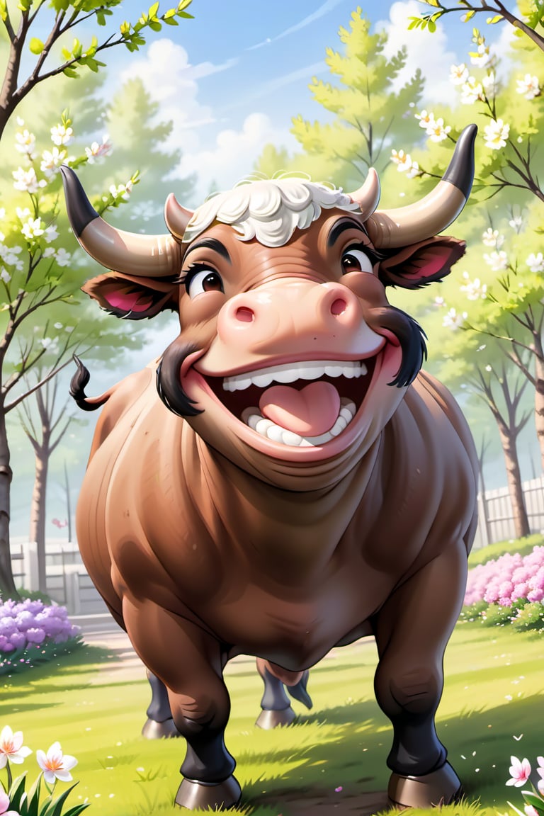 
 smiling bull enjoying springtime, (((masterpiece))),(best quality)