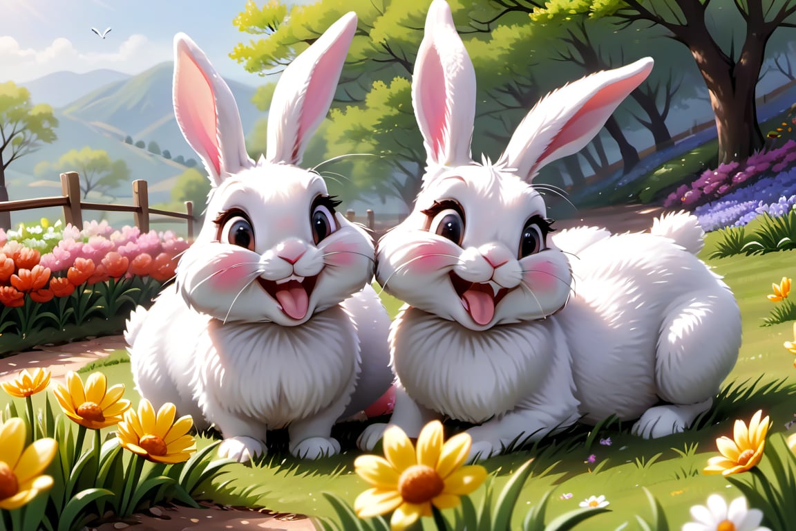 smilling rabbits enjoying springtime flowers, (((masterpiece))),(best quality)