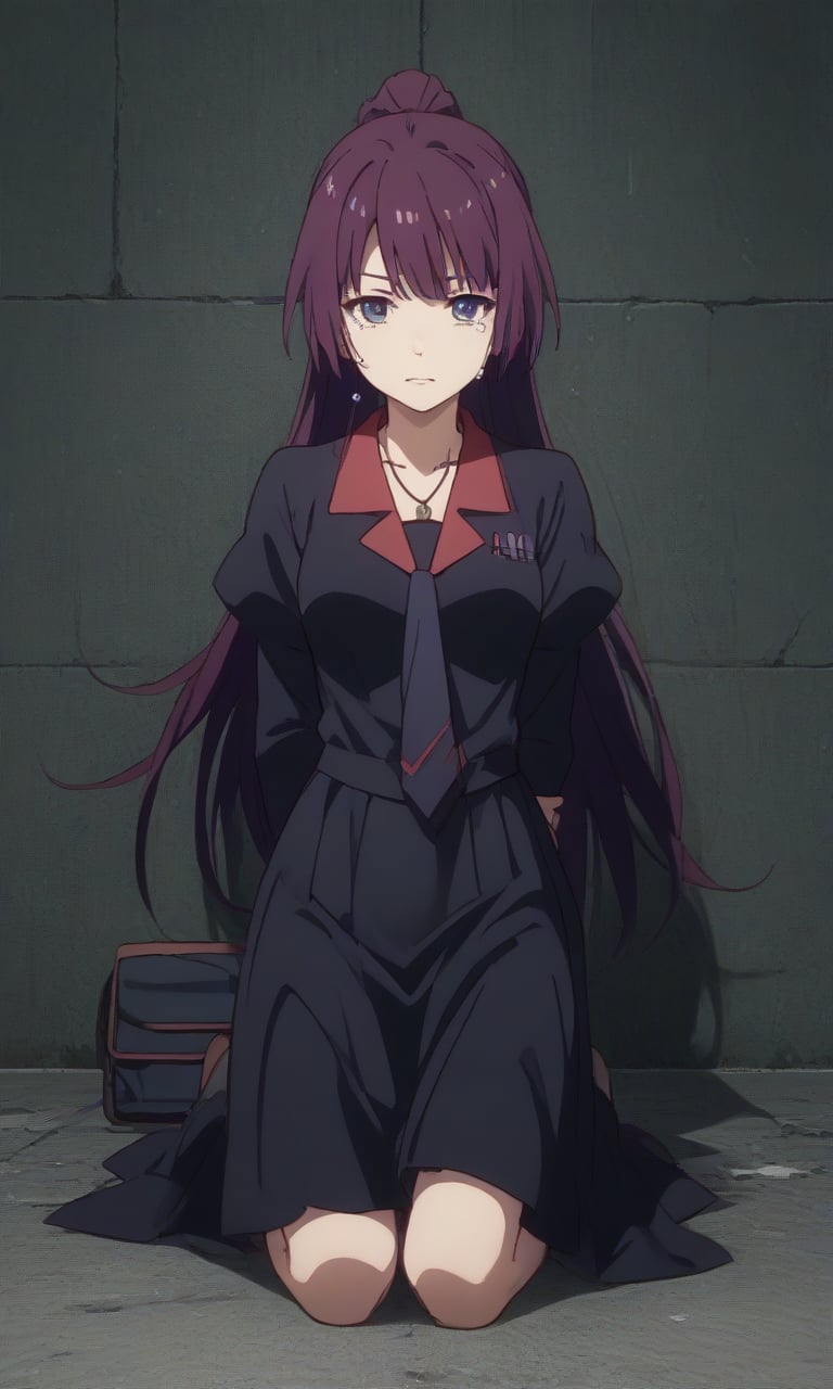 
,crying,
,(arms behind back:1.4),(kneeling:1.4),
score_9, score_8_up, score_7_up, BREAK, source_anime,rating_safe, best quality, masterpiece,
senjougahara hitagi,long hair,blue eyes,purple hair,dangyang,high ponytail,necklace,black dress,purple hair,blue eyes,bag,