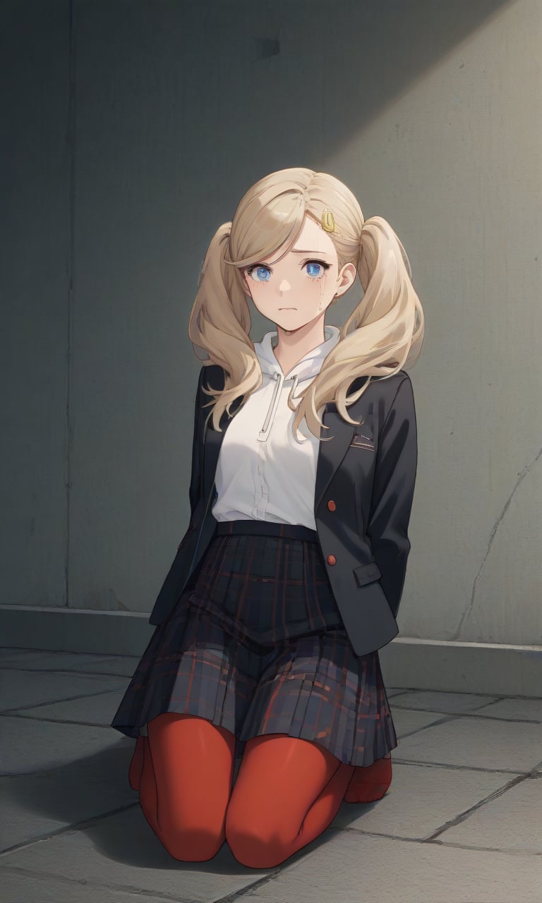 ,crying,
,(arms behind back:1.4),(kneeling:1.4),
score_9, score_8_up, score_7_up, BREAK, source_anime,rating_safe, best quality, masterpiece,
AnnP5, blonde hair, long hair, twintails, hairclip, blue eyes, swept bangs, school uniform, black jacket, open jacket, white hoodie, plaid skirt, red pantyhose