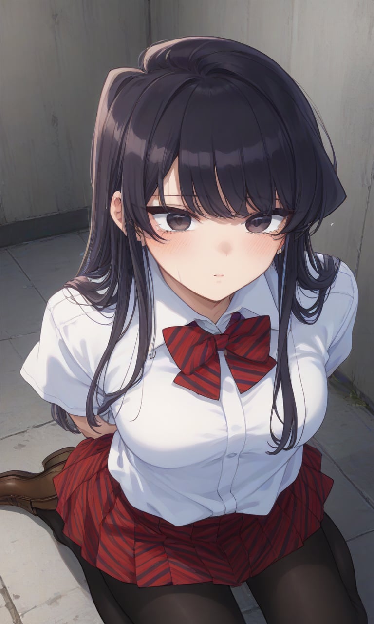 
,crying,
,(arms behind back:1.4),(kneeling:1.4),
score_9, score_8_up, score_7_up, BREAK, source_anime,rating_safe, best quality, masterpiece,
embarrassed, komi_shouko, black eyes, black hair, long hair, school uniform, red bowtie, white shirt, collared shirt, short sleeves, striped, pleated skirt, red skirt, black pantyhose,shouko komi