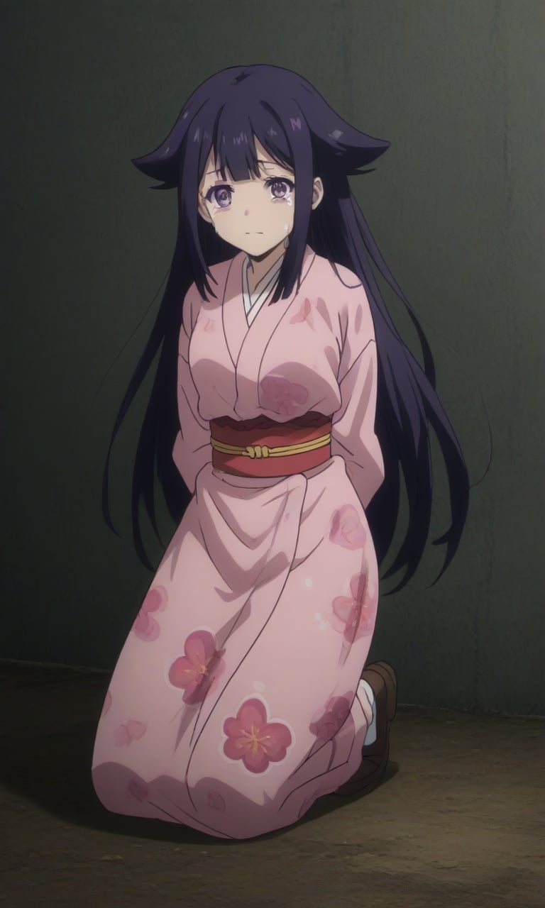 ,crying,
,(arms behind back:1.4),(kneeling:1.4),
score_9, score_8_up, score_7_up, BREAK, source_anime,rating_safe, best quality, masterpiece,
, Oharu,1girl,purple black hair,long hair,hair_flaps,purple eyes,pink kimono,print_kimono,oharu