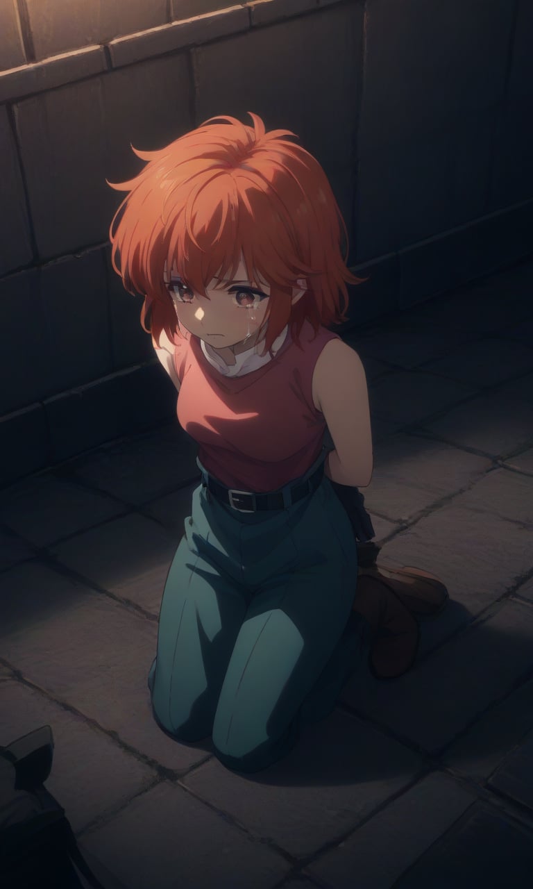 
,crying,
,(arms behind back:1.4),(kneeling:1.4),
score_9, score_8_up, score_7_up, BREAK, source_anime,rating_safe, best quality, masterpiece,
yoko, red hair, red eyes, short hair, gloves, belt, 