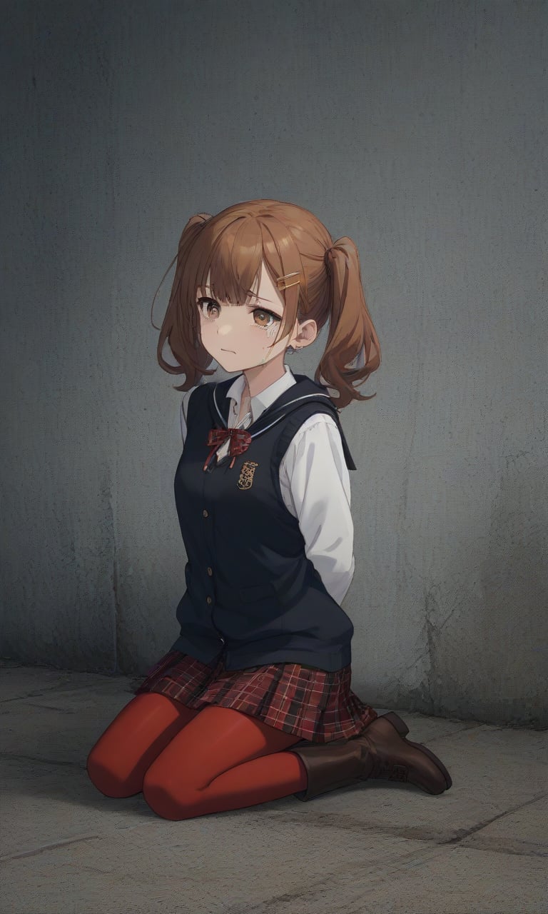 
,crying,
,(arms behind back:1.4),(kneeling:1.4),
score_9, score_8_up, score_7_up, BREAK, source_anime,rating_safe, best quality, masterpiece,
, defAnn, twintails, hairclip, school uniform, black jacket, open jacket, white hoodie, plaid skirt, red pantyhose, brown boots, 