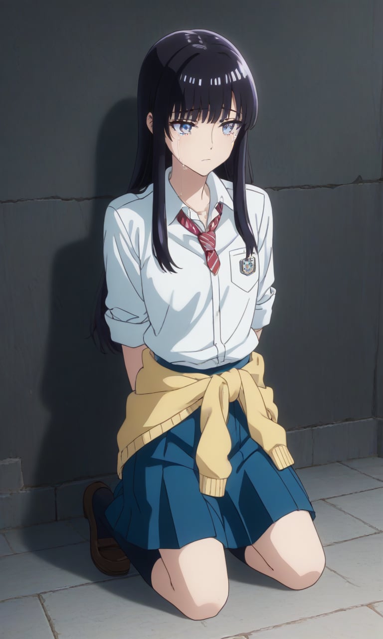 
,crying,
,(arms behind back:1.4),(kneeling:1.4),
score_9, score_8_up, score_7_up, BREAK, source_anime,rating_safe, best quality, masterpiece,
tachibana akira, long hair, black hair, purple eyes,tachibanaschool, school uniform, white shirt, collared shirt, sleeves rolled up, red necktie, striped necktie, clothes around waist, yellow sweater around waist, pleated skirt, blue skirt, black kneehighs, loafers, tachibana akira