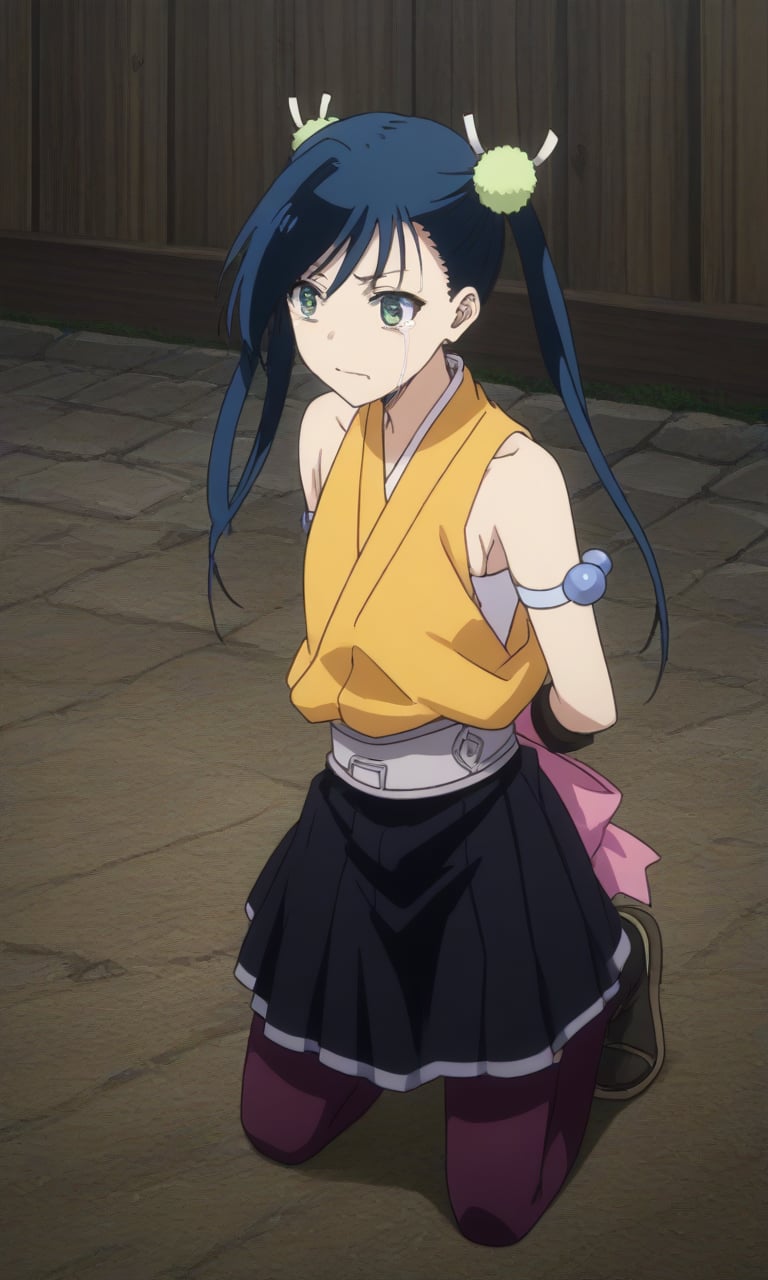 
,crying,
,(arms behind back:1.4),(kneeling:1.4),
score_9, score_8_up, score_7_up, BREAK, source_anime,rating_safe, best quality, masterpiece,
Hibachi,1girl,black blue hair,twintails,green eyes,yellow kimono,sleeveless, obi,black skirt, purple thighhighs, armband,gloves, hibachi_(mushibugyo)