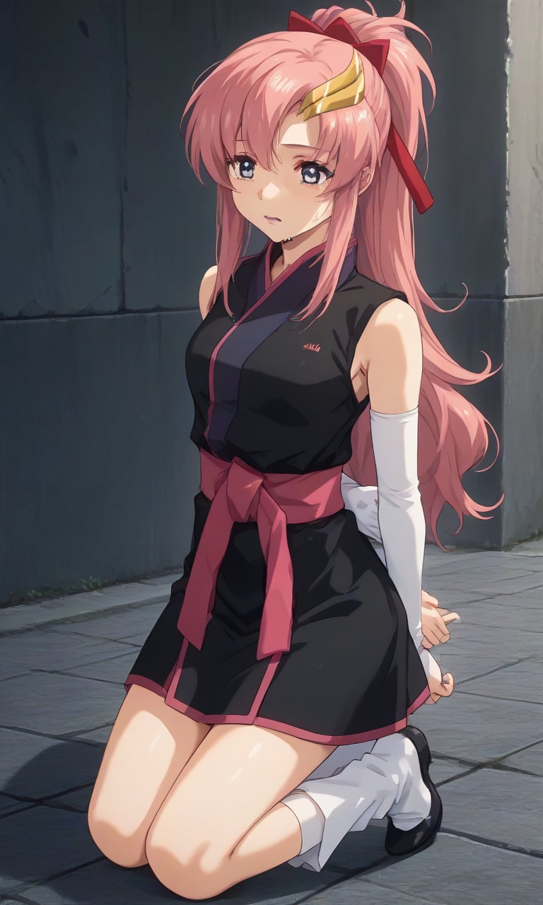 

crying,
,(arms behind back:1.4),(kneeling:1.4),
score_9, score_8_up, score_7_up, BREAK, source_anime,rating_safe, best quality, masterpiece,
Lacus ClyneAA,blue eyes,pink hair,long hair,hair ornament,ponytail,hair ribbon,sleeveless,short kimono,sash,black kimono,black bridal gauntlets,elbow gloves,