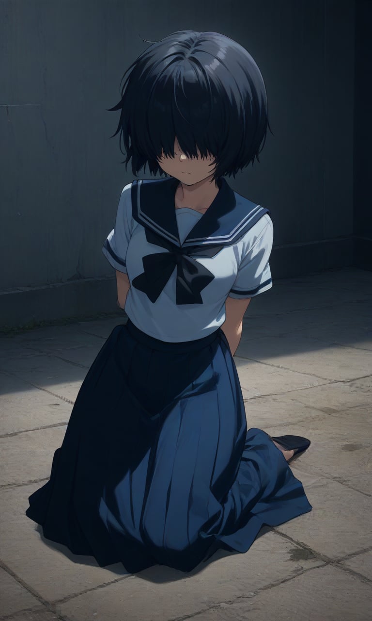 ,crying,
,(arms behind back:1.4),(kneeling:1.4),
score_9, score_8_up, score_7_up, BREAK, source_anime,rating_safe, best quality, masterpiece,
UrabeMikoto, short hair, black hair, solo, serafuku, (hair over both eyes), blue skirt, 