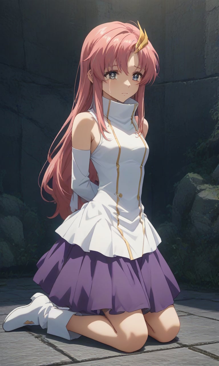 ,crying,
,(arms behind back:1.4),(kneeling:1.4),
score_9, score_8_up, score_7_up, BREAK, source_anime,rating_safe, best quality, masterpiece,
Lacus ClyneBB,blue eyes,pink hair,long hair,hair ornament,white dress,white detached sleeves,purple skirt,