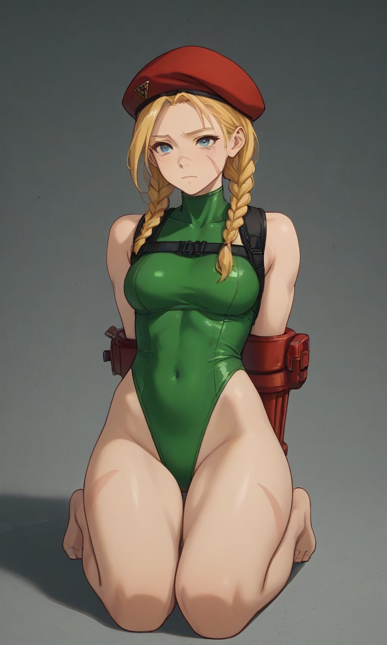 
,crying,
,(arms behind back:1.4),(kneeling:1.4),
score_9, score_8_up, score_7_up, BREAK, source_anime,rating_safe, best quality, masterpiece,
CammySF, blue eyes, blonde hair, twin braids, long hair, scar on cheek, beret, red headwear, green leotard, chest harness, red gloves, fingerless gloves, highleg leotard, 
