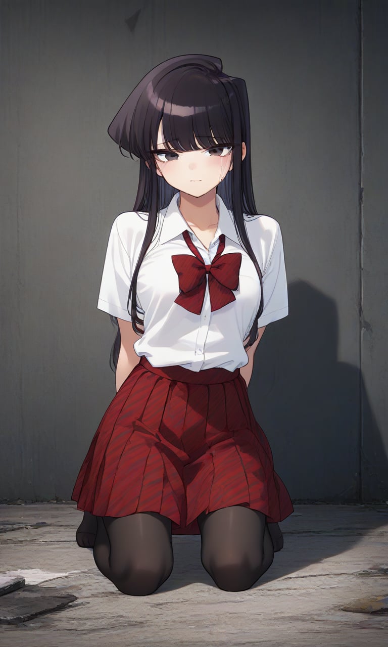 
,crying,
,(arms behind back:1.4),(kneeling:1.4),
score_9, score_8_up, score_7_up, BREAK, source_anime,rating_safe, best quality, masterpiece,
embarrassed, komi_shouko, black eyes, black hair, long hair, school uniform, red bowtie, white shirt, collared shirt, short sleeves, striped, pleated skirt, red skirt, black pantyhose,shouko komi