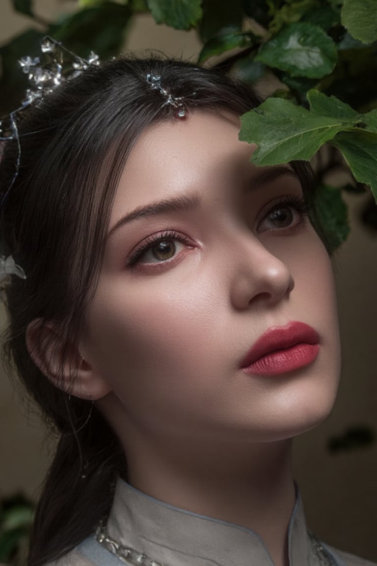 close-up of a serene Chinese warrior young woman's face in between foliage and behind flowers, wearing headdress and ancient attire blending with surrounding flora. black straight long hair. Spotlight illuminates forehead, highlighting pores and subtle wrinkles. Skin texture scrutinized, showcasing gentle complexion. Nose and cheeks cast in soft shadows, as the subject exudes tranquility in the lush flower garden.,photo,SKIN,perikecil,Xmeidusha,SHORT,Xlimuwan