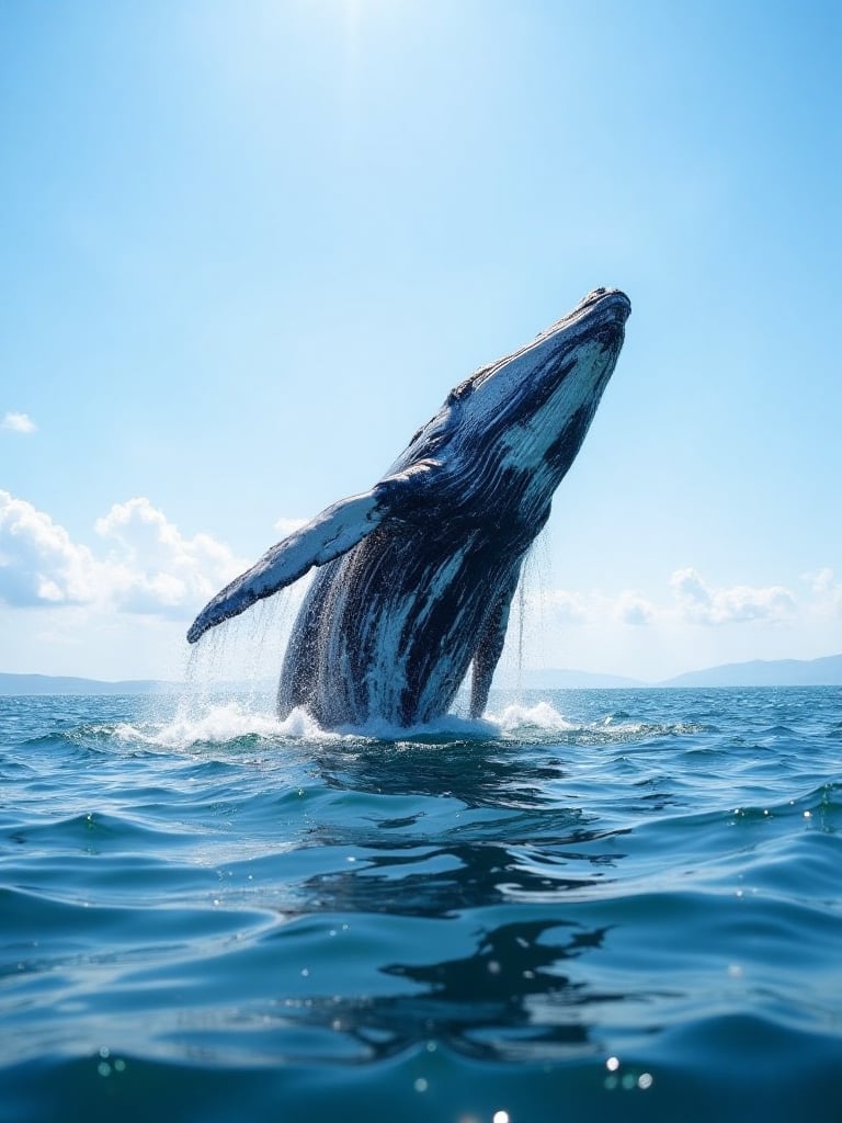 A majestic whale breaches the surface of a crystal-clear ocean, its massive body undulating as it rises into the air. The sunlight catches the misty spray, casting a shimmering veil across the water's calm surface. Framed by the distant horizon, this moment of aquatic majesty is frozen in time.