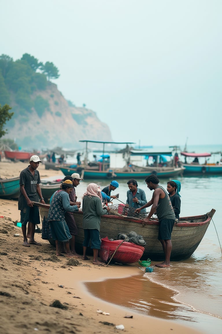 The image shows a group of people gathered around a small fishing boat on a sandy beach. The boat appears to be docked near the shore, and the individuals are handling some equipment, likely related to fishing or boat maintenance. Some of the people are wearing caps and face coverings. There are other boats in the background, as well as trees and hills along the shoreline. The sea is visible, and the atmosphere seems to suggest a fishing village or a coastal community setting. The sky is overcast, giving a calm, cloudy feel to the scene.,artberat