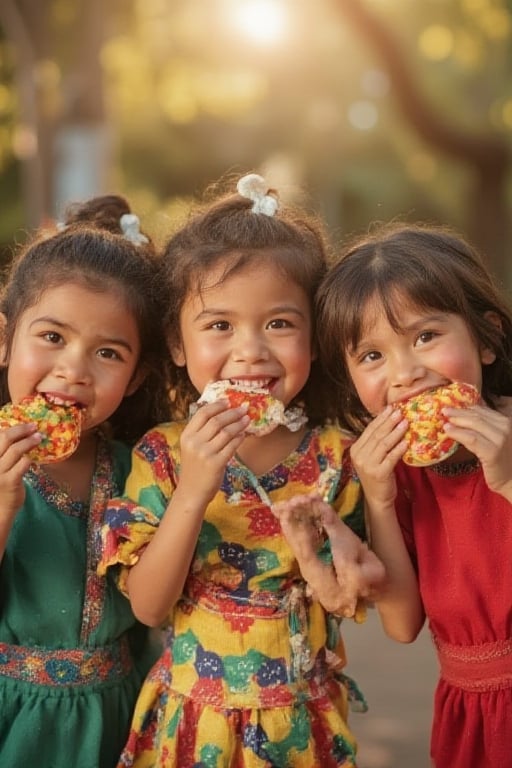 A playful scene of young children, kanak-kanak, devouring large candies with glee! The framing captures their joyful faces as they savor each bite. Soft, warm lighting illuminates the colorful sweets and the children's eager expressions. The composition focuses on the treats and the happy trio, with a slight blur effect to convey the excitement. The location appears to be a bright and cheerful playground or outdoor space, where laughter and fun are always in abundance.,ketenangan,impian2,Mamulengo