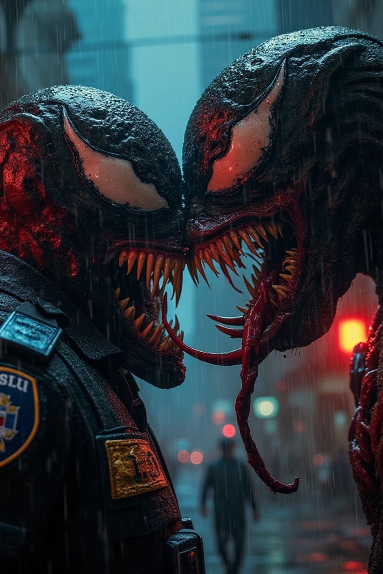 Venom consuming a police officer, wide-open mouth with sharp fangs, symbiote tendrils wrapping around the officer, dark and terrifying, intense close-up with detailed textures, rain-soaked urban setting, red and blue flashing police lights casting eerie shadows, photorealistic, horror elements, cinematic angle,terpaling