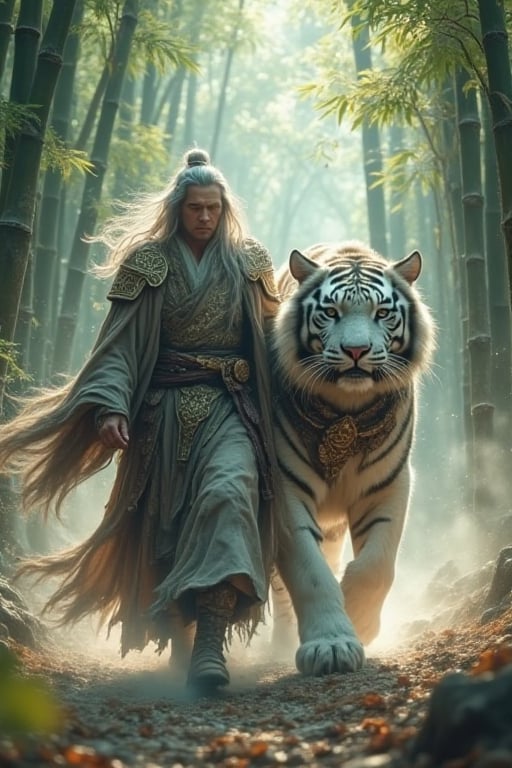 A powerful kungfu master with flowing robes and an ancient aura walking beside a majestic, full-armored white tiger, set in a mystical bamboo forest. The master has long, silver hair, intense eyes, and is wearing traditional Chinese martial arts attire with subtle golden details. The white tiger is clad in intricate, ornate armor with sharp edges and mythological engravings, exuding strength and elegance. Soft mist surrounds them, with sunlight streaming through the bamboo, highlighting the serene yet powerful atmosphere. High detail, photorealistic, cinematic