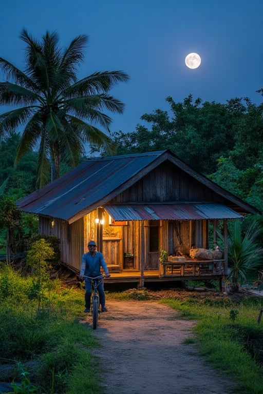 Aerial view of a centuries-old Malay wooden house, its weathered facade blending with the rustic surroundings. A winding dirt path leads to the door, where an elderly gentleman pedals his bicycle, the creaky old frame bearing testament to countless years of use. The half-moon casts a silver glow, illuminating the verdant coconut tree swaying gently in the breeze. As night falls, the house remains unlit, its interior radiance spilling out onto the path, a warm and inviting beacon.,Alamaya