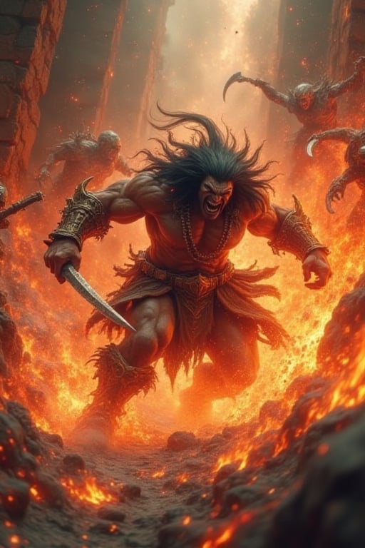 "Badang, the mighty warrior, fighting off five enemies in a fiery, ancient temple, flames casting a red glow over the scene. Badang's muscular form and fierce expression show his determination as he battles, while his enemies approach with varied weapons, each in a different attack stance. Embers and smoke swirl around, enhancing the action and intensity of the moment. Highly detailed, with dynamic lighting and shadows that highlight the tension and power in each movement, cinematic and photorealistic."