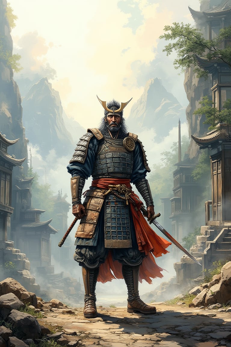 A majestic samurai warrior stands triumphantly in a misty mountain pass, sword raised high as morning sunlight casts a warm glow on his weathered armor. The rugged landscape stretches behind him, with ancient trees and wispy clouds creating a dramatic backdrop. His fierce gaze and determined stance capture the essence of unwavering dedication to honor and loyalty.,Watercolor architecture