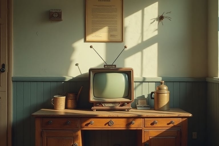 Create a realistic vintage interior scene of a quiet, mid-20th-century room with a nostalgic atmosphere. A worn, polished wooden table with drawers sits at the center, holding a retro television with antennas, a woven thermos, a tin cup, and a simple teapot. The plain wall in the background features a slightly tilted framed certificate and a small calendar, adding to the aged look. Soft, natural light filters into the room, casting gentle shadows that enhance the muted, earthy colors and sepia undertones, evoking a serene, rustic ambiance.