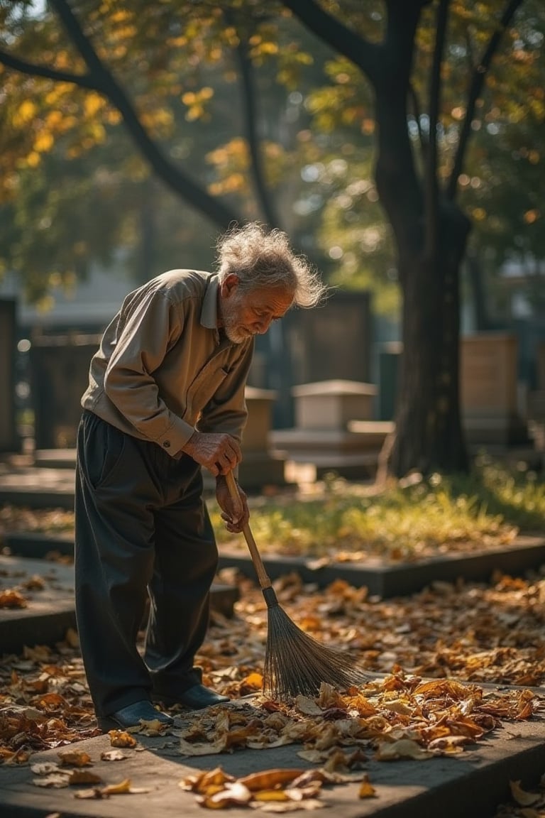 A elderly Malay man gently sweeps fallen leaves across a muslim gravestone in a lush cemetery. Soft afternoon sunlight filters through the trees, casting dappled shadows on the worn stone. The old man's wispy hair is blown by a gentle breeze as he works, his weathered face a map of wisdom and age.,impian2