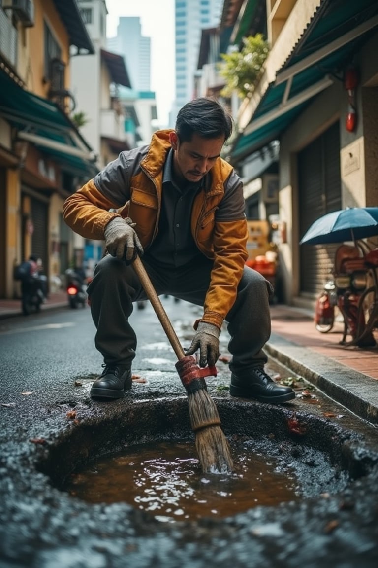 A waste management malay man worker carefully steps into a clogged storm drain in the midst of a bustling city (klcc) The camera frames the scene from a low angle, capturing the gloomy atmosphere and the intensity of the task ahead. Soft morning light filters through the surrounding buildings, casting long shadows on the wet asphalt. The worker's gloved hands grasp a long-handled brush as they begin to scrub away at the thick grime, their face set in a determined expression. The sound design features the gentle lapping of water against the concrete and the distant hum of city life, creating an immersive atmosphere.,impian2