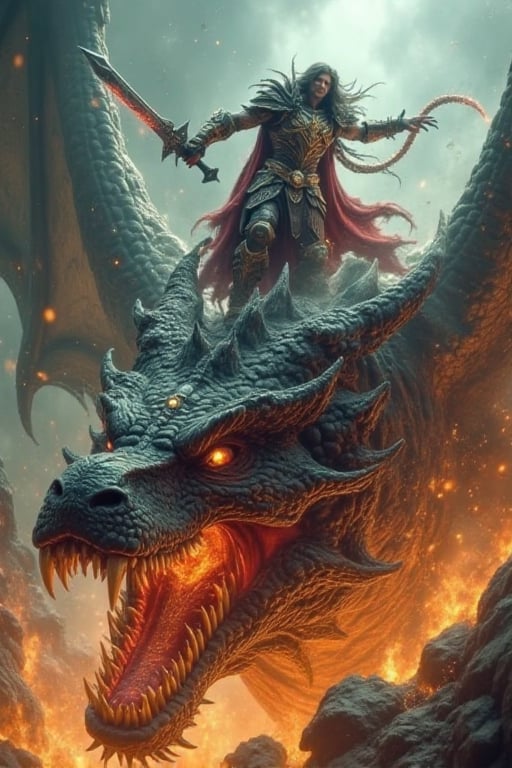 A legendary fantasy sword master standing triumphantly on the massive head of a defeated dragon, wielding an ornate, glowing sword, intricate armor with mythical symbols, intense gaze looking forward, venom scales and horns in high detail, epic scene with fiery embers around, dramatic lighting and shadows, cinematic atmosphere, ultra-realistic rendering.