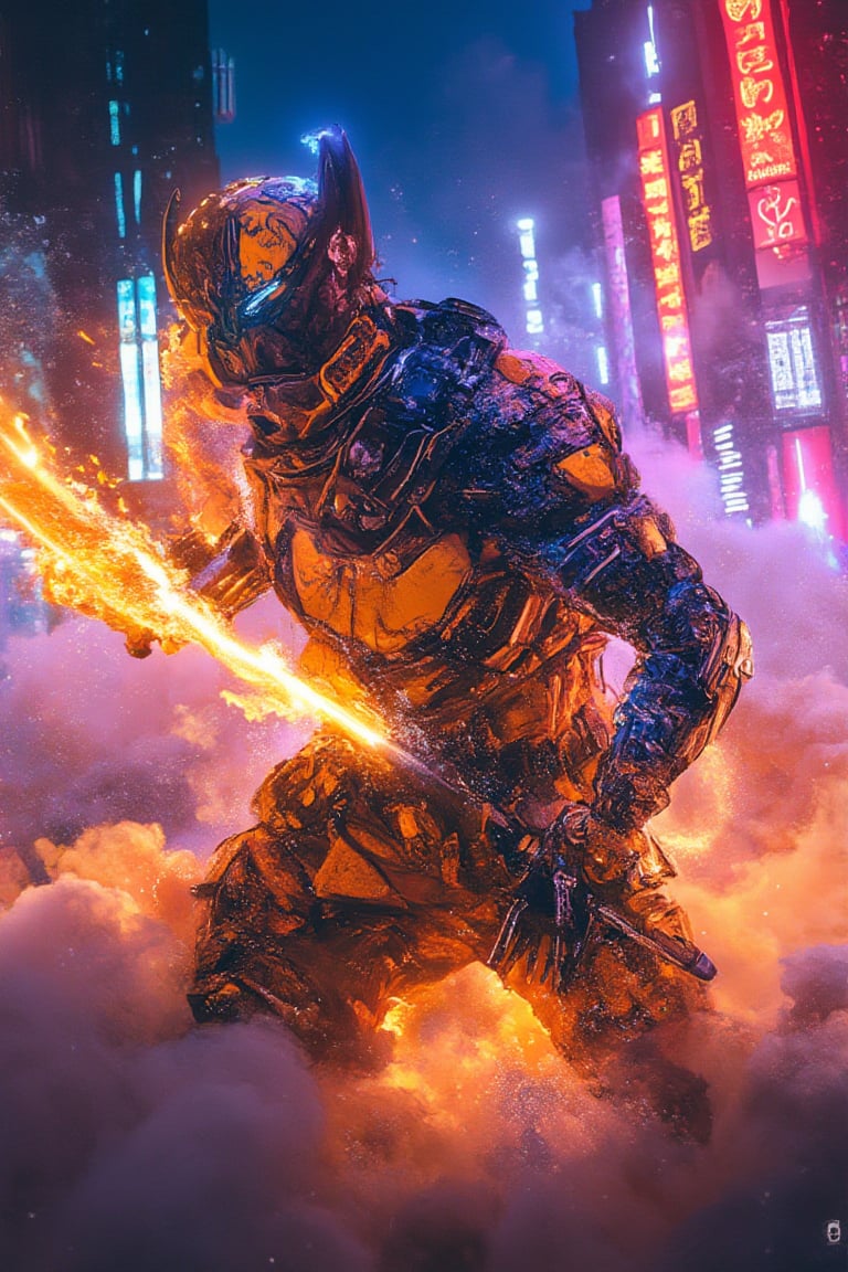 A futuristic Bobotflux samurai warrior with sleek gold and black armor reminiscent of wolverine's  suit slashes through a neon-lit urban cloudy battlefield at night. The scene is captured from a dynamic side-angle, highlighting the energy katana glowing with repulsor energy. Neon lights create stark reflections on the polished armor, with additional effects emphasizing the arc reactor glow on the chest plate. The background features blazing signs and digital billboards, all blurred to accentuate the samurai’s rapid movement. The neon-filled night sky enhances the overall futuristic, superhero atmosphere.,Fantasy detailers,Fantasy detailers,Fantasy detailers,,Fantasy detailers,