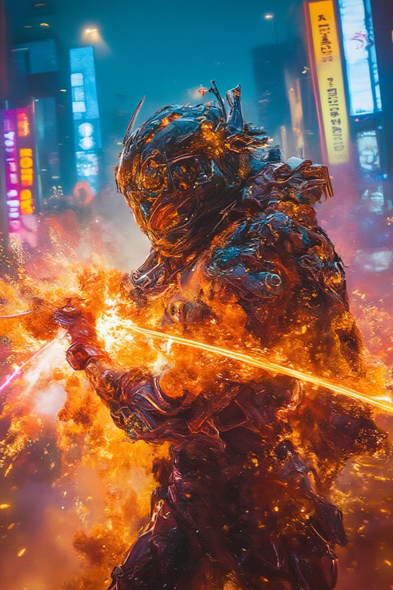 A futuristic Bobotflux samurai warrior with sleek gold and black armor reminiscent of wolverine's  suit slashes through a neon-lit urban cloudy battlefield at night. The scene is captured from a dynamic side-angle, highlighting the energy katana glowing with repulsor energy. Neon lights create stark reflections on the polished armor, with additional effects emphasizing the arc reactor glow on the chest plate. The background features blazing signs and digital billboards, all blurred to accentuate the samurai’s rapid movement. The neon-filled night sky enhances the overall futuristic, superhero atmosphere.,Fantasy detailers,Fantasy detailers,Fantasy detailers,,Fantasy detailers,