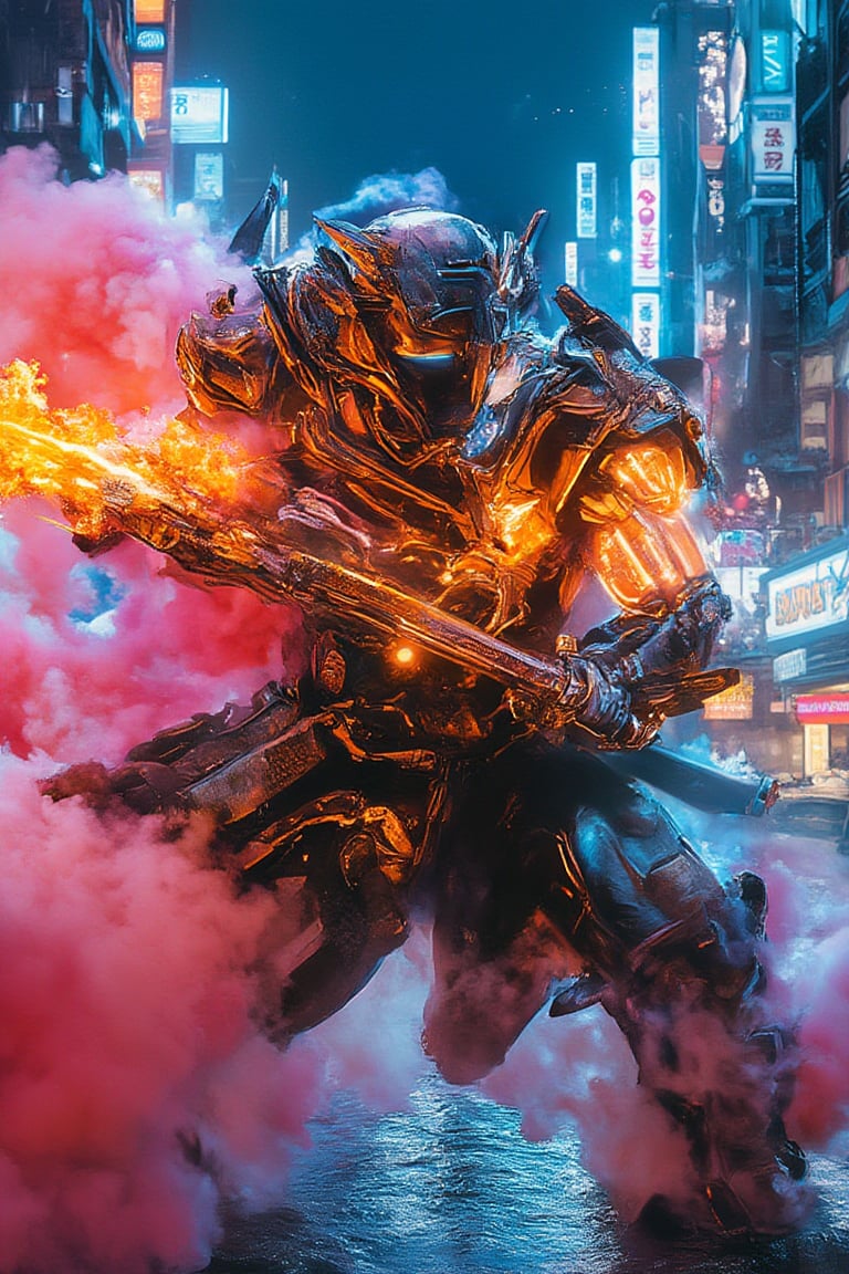 A futuristic Bobotflux samurai warrior with sleek gold and black armor reminiscent of wolverine's  suit slashes through a neon-lit urban cloudy battlefield at night. The scene is captured from a dynamic side-angle, highlighting the energy katana glowing with repulsor energy. Neon lights create stark reflections on the polished armor, with additional effects emphasizing the arc reactor glow on the chest plate. The background features blazing signs and digital billboards, all blurred to accentuate the samurai’s rapid movement. The neon-filled night sky enhances the overall futuristic, superhero atmosphere.,Fantasy detailers,Fantasy detailers,Fantasy detailers,,Fantasy detailers,