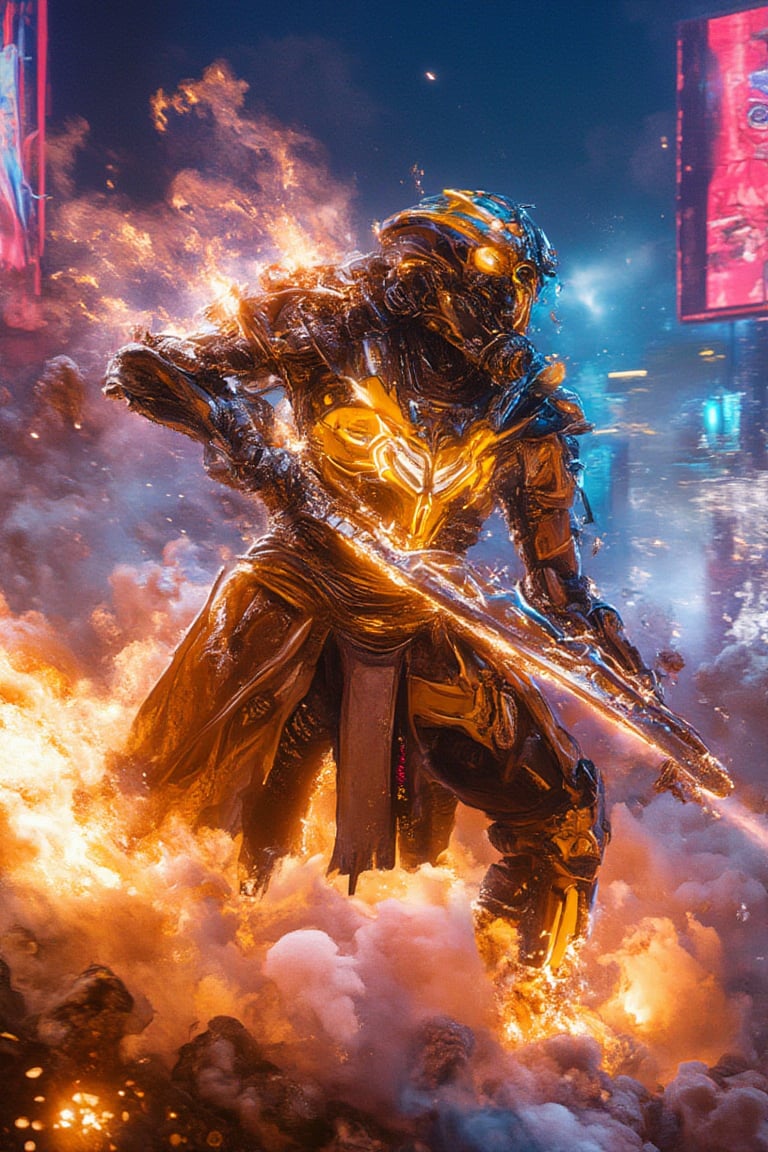 A futuristic Bobotflux samurai warrior with sleek gold and black armor reminiscent of wolverine's  suit slashes through a neon-lit urban cloudy battlefield at night. The scene is captured from a dynamic side-angle, highlighting the energy katana glowing with repulsor energy. Neon lights create stark reflections on the polished armor, with additional effects emphasizing the arc reactor glow on the chest plate. The background features blazing signs and digital billboards, all blurred to accentuate the samurai’s rapid movement. The neon-filled night sky enhances the overall futuristic, superhero atmosphere.,Fantasy detailers,Fantasy detailers,Fantasy detailers,,Fantasy detailers,