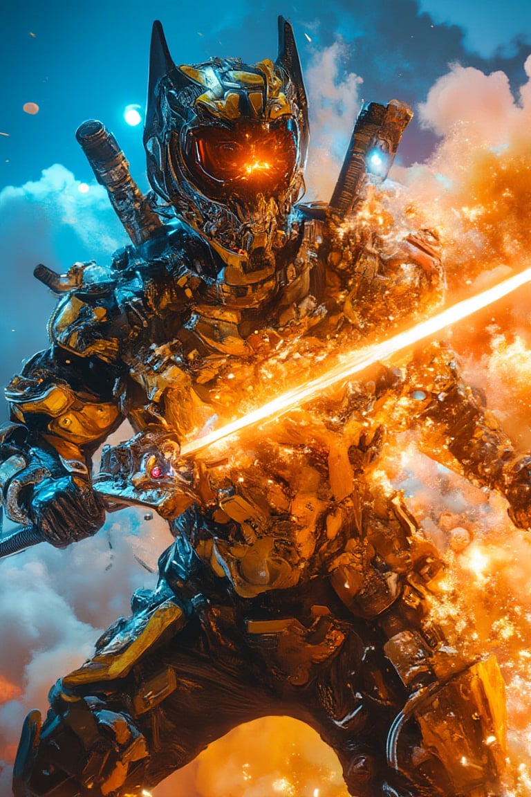 A futuristic Bobotflux samurai warrior with sleek gold and black armor reminiscent of wolverine's  suit slashes through a neon-lit urban cloudy battlefield at night. The scene is captured from a dynamic side-angle, highlighting the energy katana glowing with repulsor energy. Neon lights create stark reflections on the polished armor, with additional effects emphasizing the arc reactor glow on the chest plate. The background features blazing signs and digital billboards, all blurred to accentuate the samurai’s rapid movement. The neon-filled night sky enhances the overall futuristic, superhero atmosphere.,Fantasy detailers,Fantasy detailers,Fantasy detailers,,Fantasy detailers,