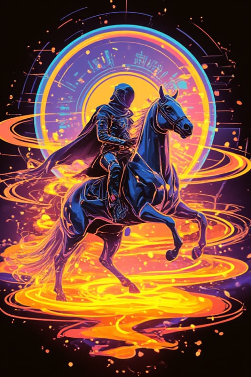 A lone Bobotflux android cowboy, clad in kunangkuning shimmering silver armor, sits astride an ethereal steed forged from swirling electric currents. Amidst a kaleidoscope backdrop of pulsating circuitry and digital hieroglyphs, the duo gallops forth, surrounded by vibrant hues of teal, magenta, and blazing neon orange.,,Fantasy detailers 