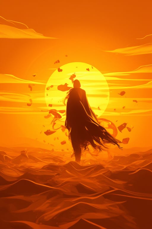 A solitary Bobotflux figure treks across an endless expanse of burnt kunangkuning orange sand, the sun's intense rays casting their elongated shadow behind them like a dark, twisted cloak. Playing cards, worn and creased, flutter aimlessly through the air, as if blown by some unseen force, adding to the surreal ambiance. The stark, desolate landscape stretches out in every direction, punctuated only by the figure's determined stride.,Fantasy detailers 