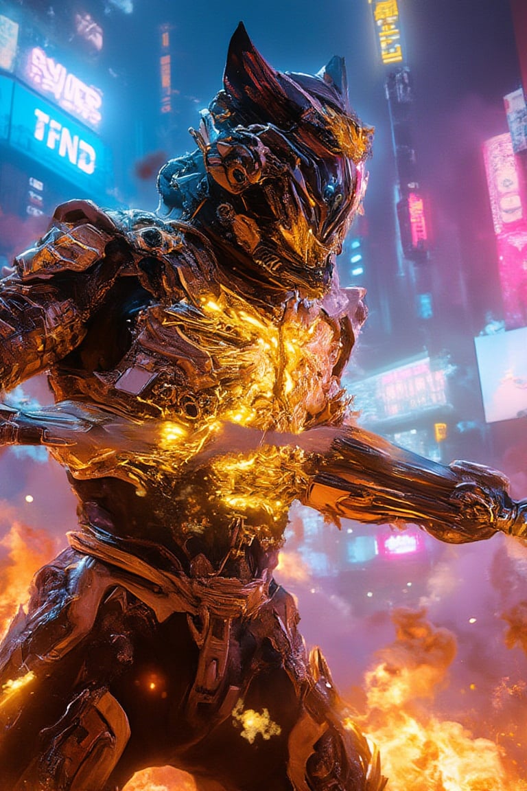 A futuristic Bobotflux samurai warrior with sleek gold and black armor reminiscent of wolverine's  suit slashes through a neon-lit urban cloudy battlefield at night. The scene is captured from a dynamic side-angle, highlighting the energy katana glowing with repulsor energy. Neon lights create stark reflections on the polished armor, with additional effects emphasizing the arc reactor glow on the chest plate. The background features blazing signs and digital billboards, all blurred to accentuate the samurai’s rapid movement. The neon-filled night sky enhances the overall futuristic, superhero atmosphere.,Fantasy detailers,Fantasy detailers,Fantasy detailers,,Fantasy detailers,