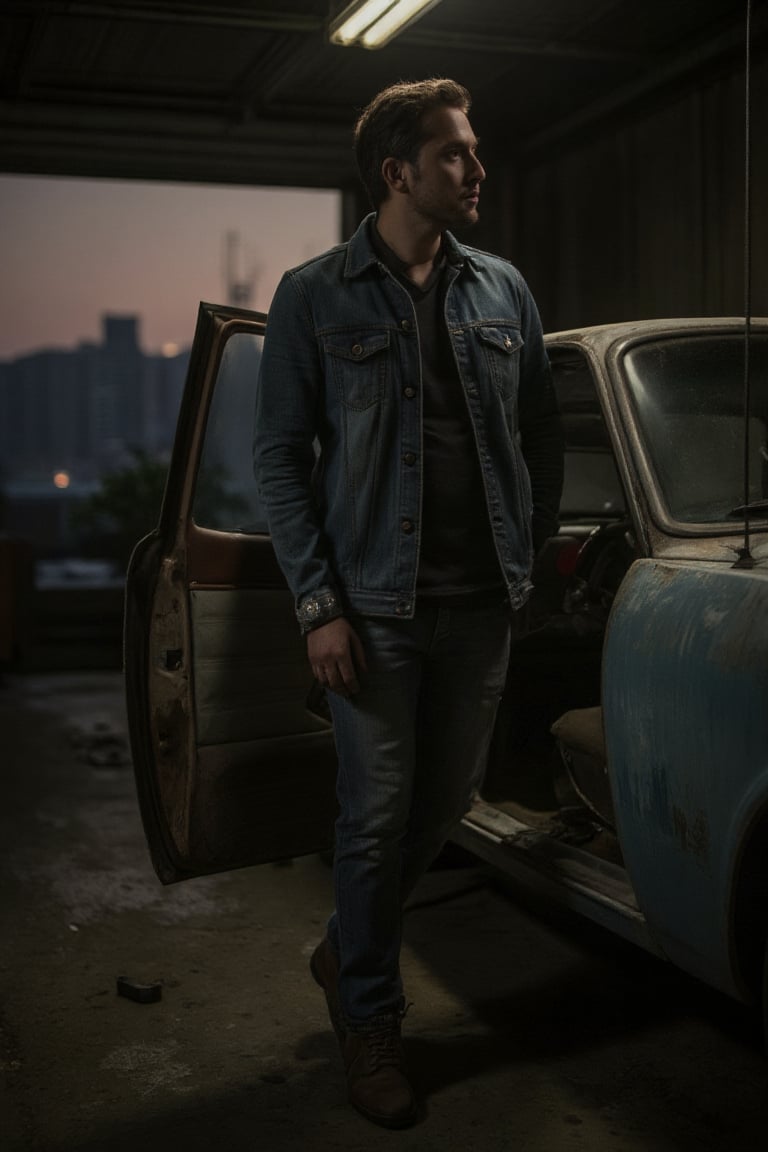 A ruggedly handsome man stands poised by a vintage car's door handle in a dimly lit garage, illuminated by soft fluorescent light. He wears a faded denim jacket, torn jeans, and a chunky watch on his wrist. His hand rests on the door as he gazes wistfully into the distance, nostalgia etched on his features. Scattered tools and spare parts cover the floor, while the blurred cityscape at dusk serves as a moody backdrop, adding to the scene's melancholic charm.