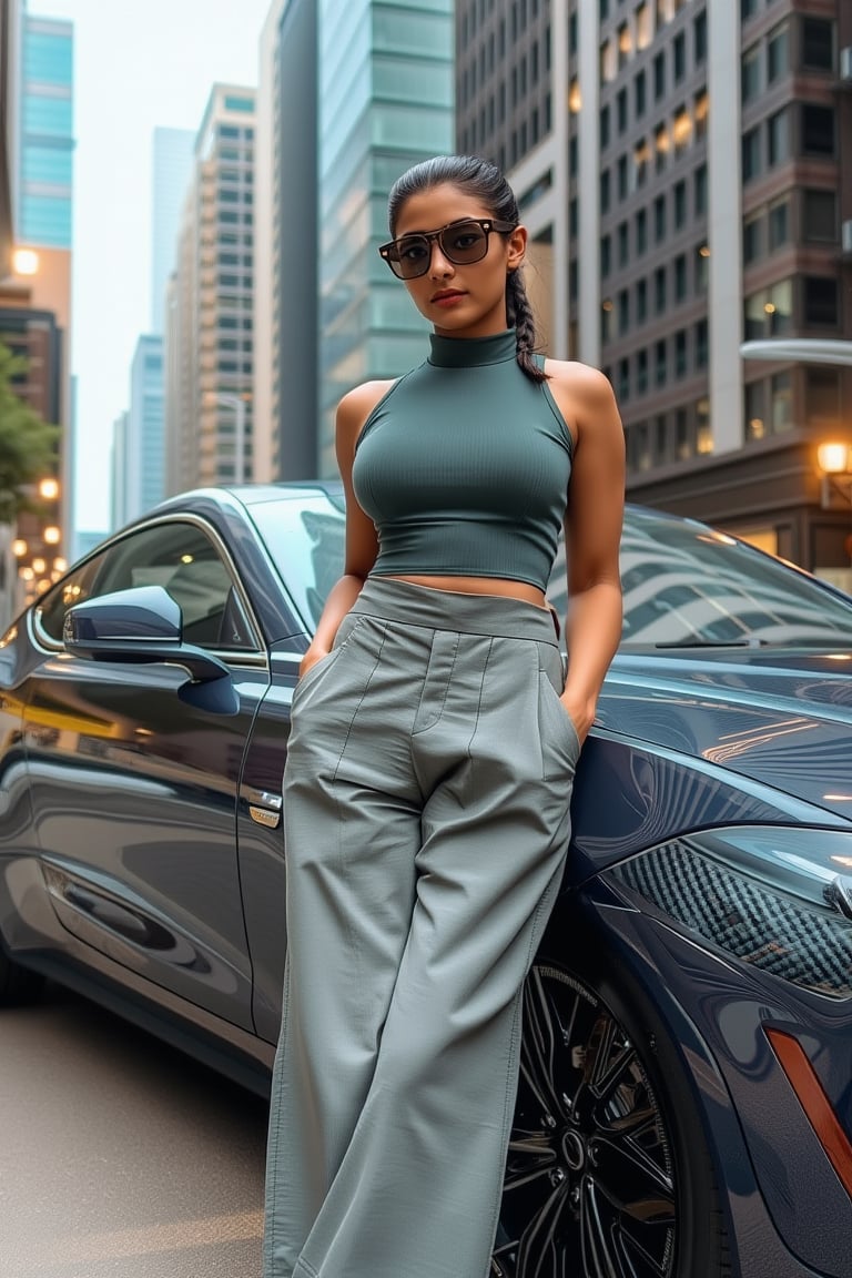 Generate an image of a confident Sri Lankan woman leaning against a sleek, modern car in an urban setting. She’s wearing a high-neck, sleeveless crop top paired with wide-legged, high-waisted trousers, creating a bold and stylish look. Her sunglasses rest on the bridge of her nose as she gazes forward with a relaxed, yet powerful expression. The cityscape behind her is filled with towering buildings and bright lights, reflecting off the polished surface of the car. The scene should evoke a strong, urban vibe, highlighting a blend of modern fashion with a cool, city-chic attitude.