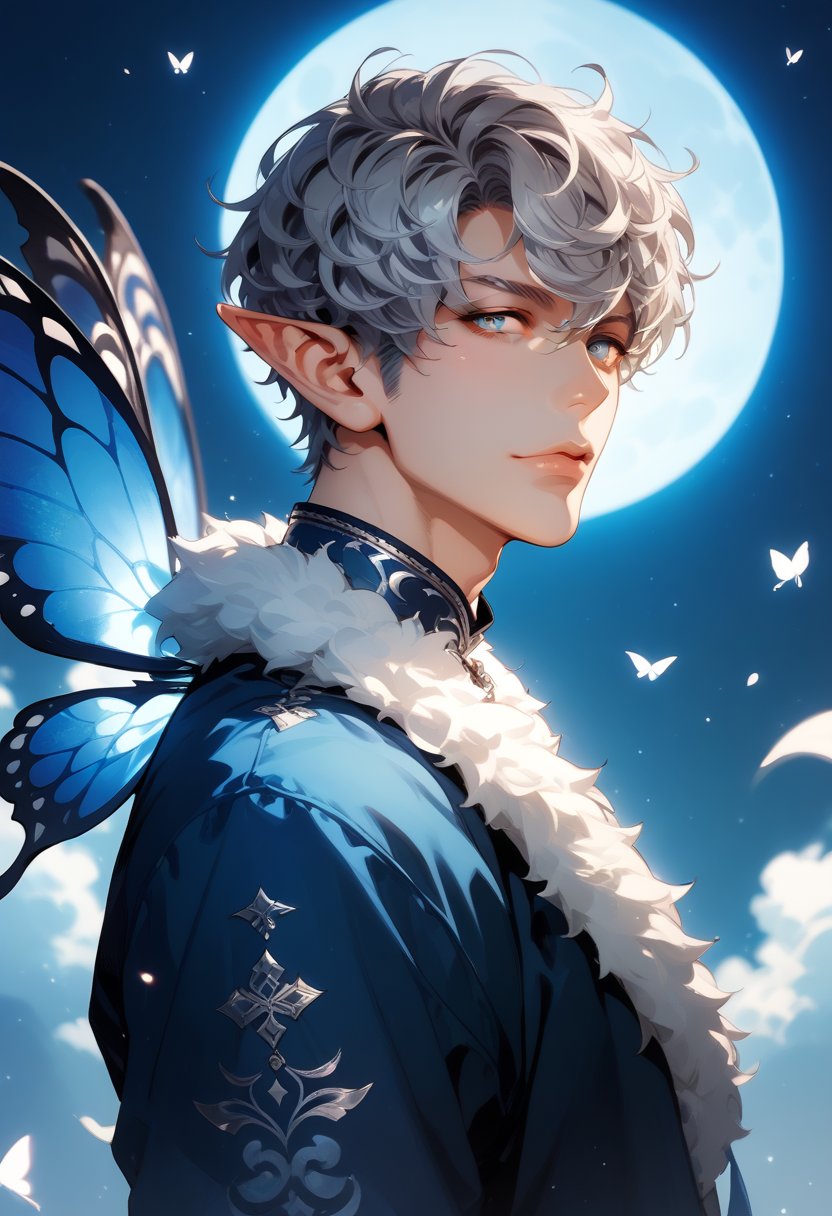 Dark grey blue skin male demon elf, white Silver  curly coily hair, blue and black demon butterfly wings, silver eyes, blue heart & moon motif native attire score_9, score_8_up, score_7_up,score_9, score_8_up, score_7_up,score_9, score_8_up, score_7_up,