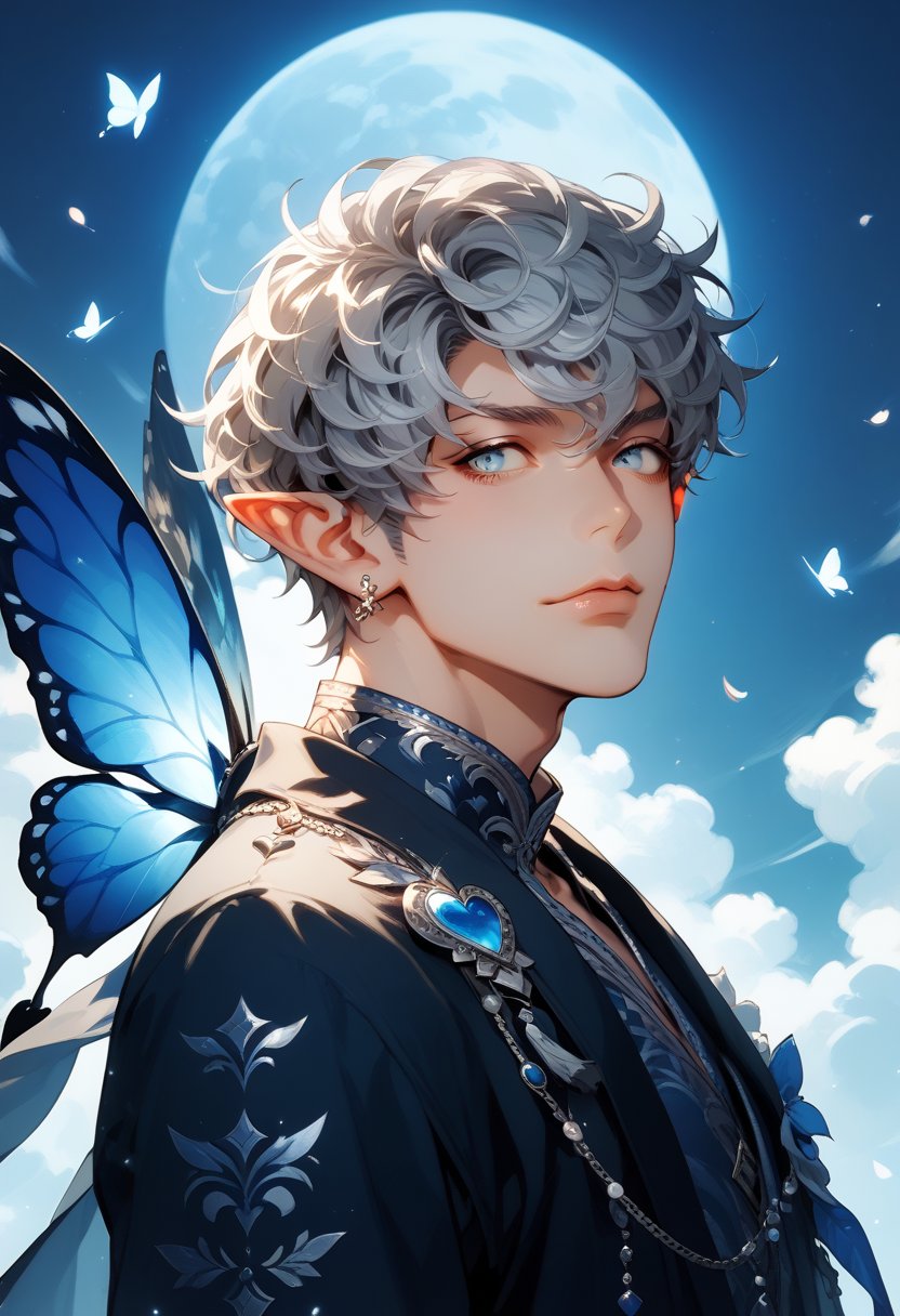 Dark grey blue skin male demon elf, white Silver  curly coily hair, blue and black demon butterfly wings, silver eyes, blue heart & moon motif native attire score_9, score_8_up, score_7_up,score_9, score_8_up, score_7_up,score_9, score_8_up, score_7_up,