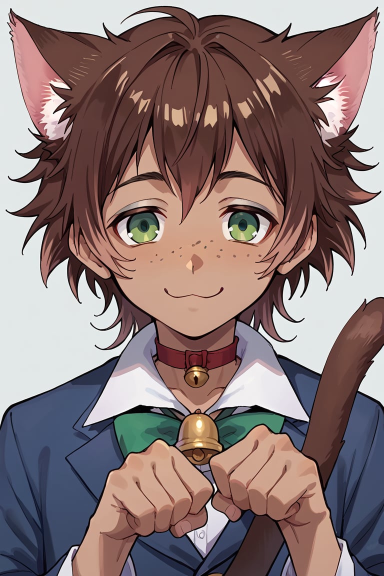 score_9, score_8_up, score_7_up, source_anime, BREAK, 1boy, male focus, solo, slender body, smile, :3, neck bell, tail, looking at viewer, portrait, simple background,score_6_up,score_5_up,score_4_up,gidel, cat ears, cat tail,brown hair, dark skin, green eyes, freckles, cat_pose