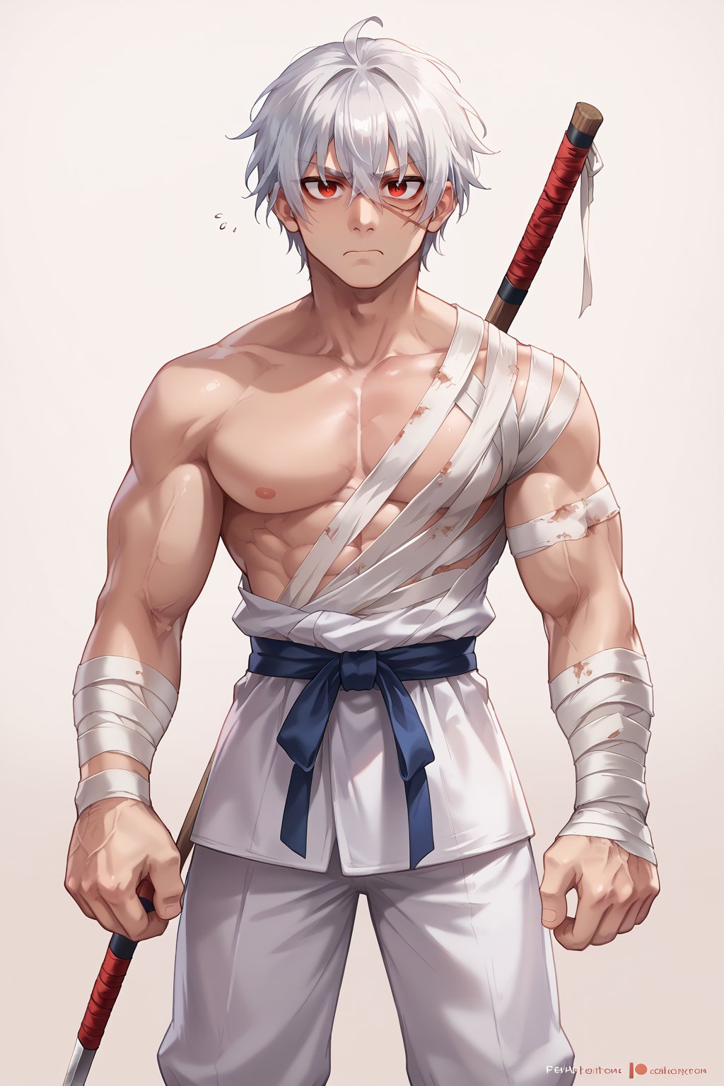 man, 20_years_old, yong man, dark_circles_under_his_eyes, sleepy_eyes, very_long_Wavy_white_hair, hair_between_his_eyes, red_eyes, thin_and_athletic, surgical_scar, wearing only white and black baggy_pants, with bandages around his torso and arms, medieval, martial_Art, fighter, no shirt,