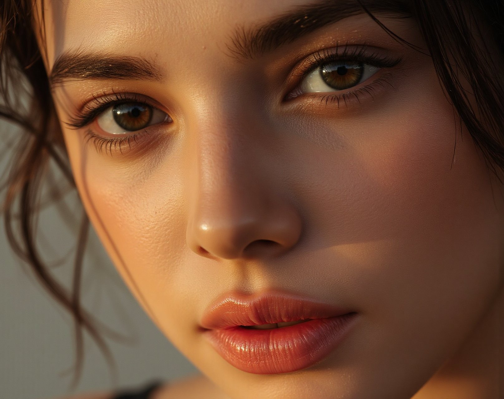 Close-up of a woman’s expressive gaze,  dewy skin catching the light. Artistic composition with warm tones. Shot from a un...
