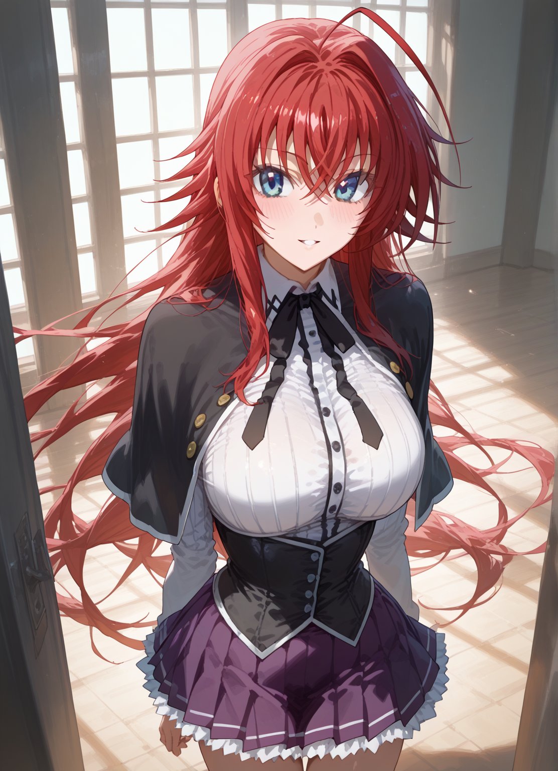 score_9, score_8_up, score_7_up, score_6_up, score_5_up, score_4_up, source_anime, BREAK, source_anime,dra,RIAS GREMORY, rias gremory, high school dxd, long hair, hair between eyes, blue eyes, red hair, shirt, black capelet, striped shirt, white shirt, neck ribbon, black ribbon, long sleeves, black corset, buttons, pleated skirt, frilled skirt, purple skirt, blush, cowboy shot, thigh gap, big eyes, Strong Shadows, looking at viewer, parted lips, light smile, light blush, from center, indoors, 