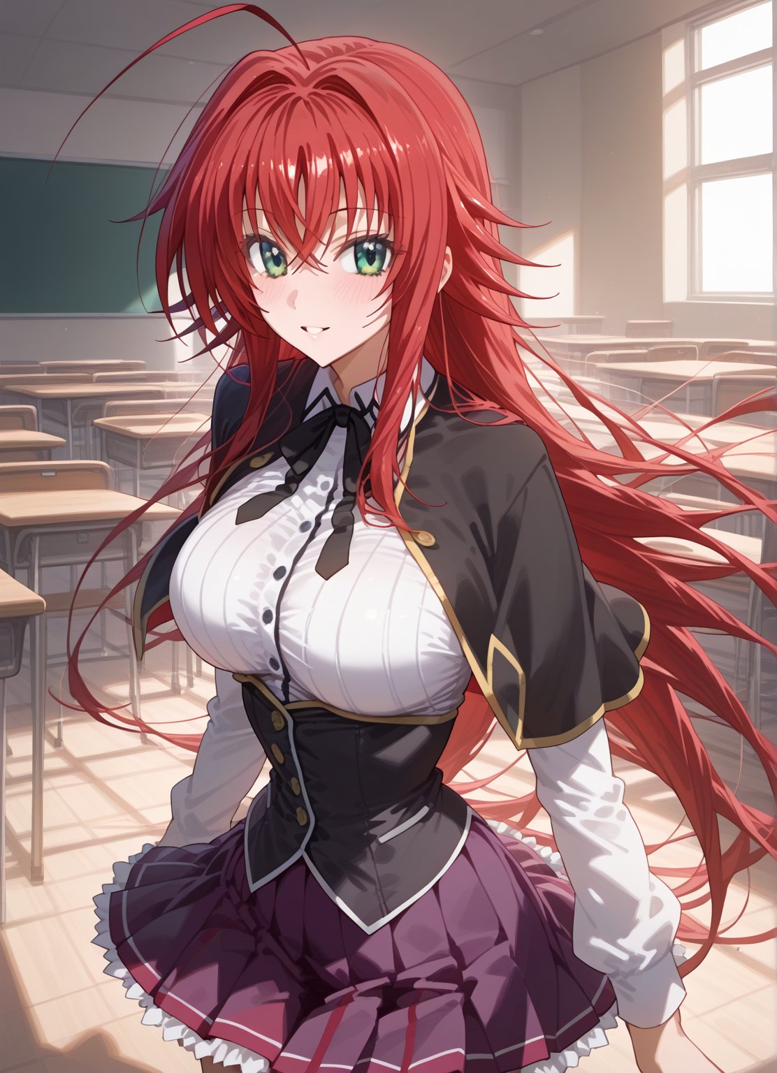 score_9, score_8_up, score_7_up, score_6_up, score_5_up, score_4_up, source_anime, BREAK, source_anime,dra, high school dxd, RIAS GREMORY, rias gremory, high school dxd, long hair, hair between eyes, blue eyes, red hair, shirt, black capelet, striped shirt, white shirt, neck ribbon, black ribbon, long sleeves, black corset, buttons, pleated skirt, frilled skirt, purple skirt, blush, cowboy shot, big eyes, Strong Shadows, looking at viewer, parted lips, light smile, light blush, from center, indoors, open large empty room, ahoge