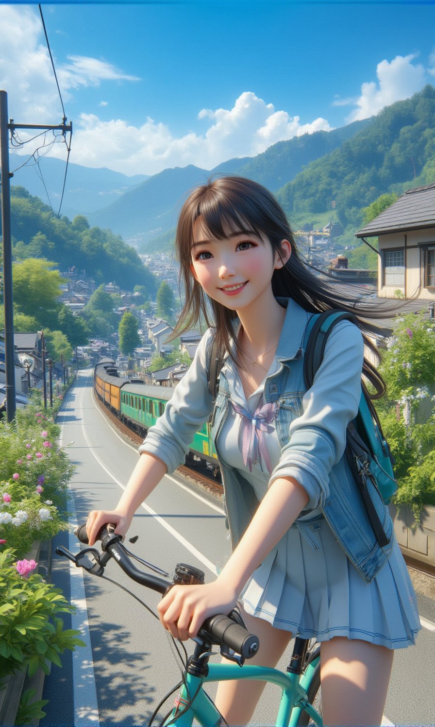 Close-up portrait of a beaming Japanese schoolgirl,  her bright smile and joyful eyes radiating warmth as she pedals her b...