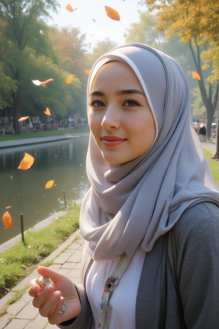 Close-up shot of a hijabi woman's joyful face, surrounded by the serene atmosphere of a park near a serene lake. Her long scarf flows freely in the gentle breeze as she carelessly goes about her day. Falling leaves from nearby trees create a picturesque background, adding to the autumnal charm. In the distance, the aroma of outdoor cooking wafts through the air, enticing and inviting. The subject's hands are busy with various activities, reflecting her lively and spontaneous nature.